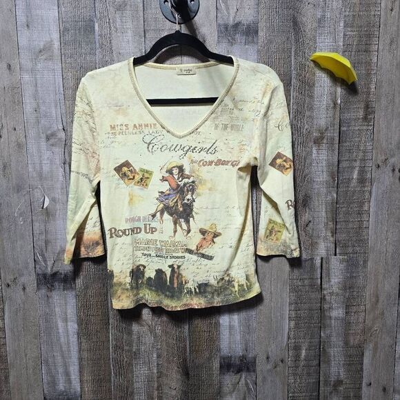 Cactus Vintage Y2K Yellow Cowgirl All Over Print Embellished Western Tee - Picture 1 of 4